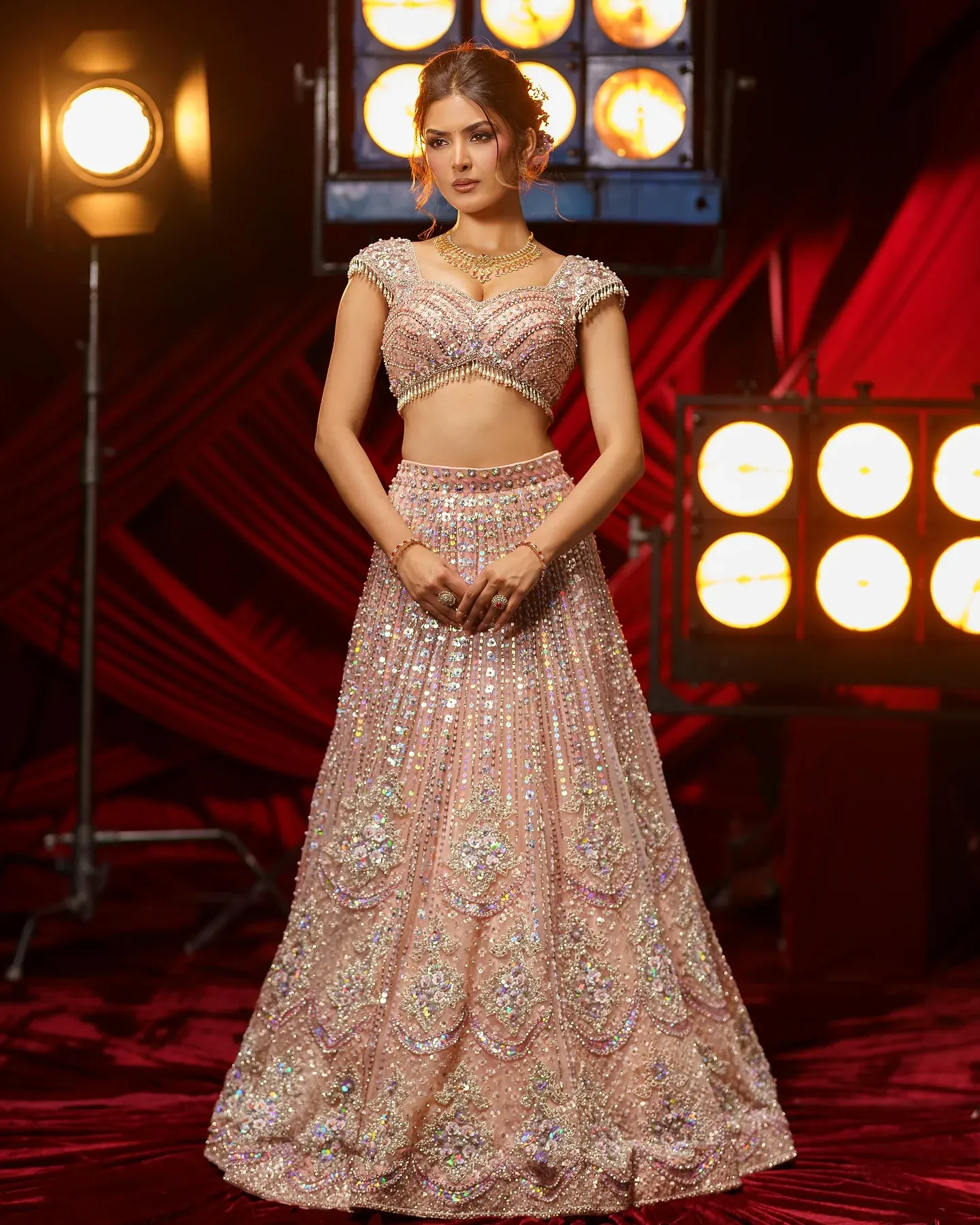A blush lehenga with a beaded bodice and sequin skirt, against red drapery.