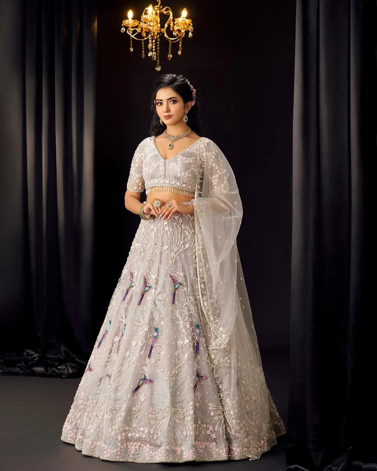 A pale grey lehenga with silver embroidery and a sheer dupatta, against a dark ground.